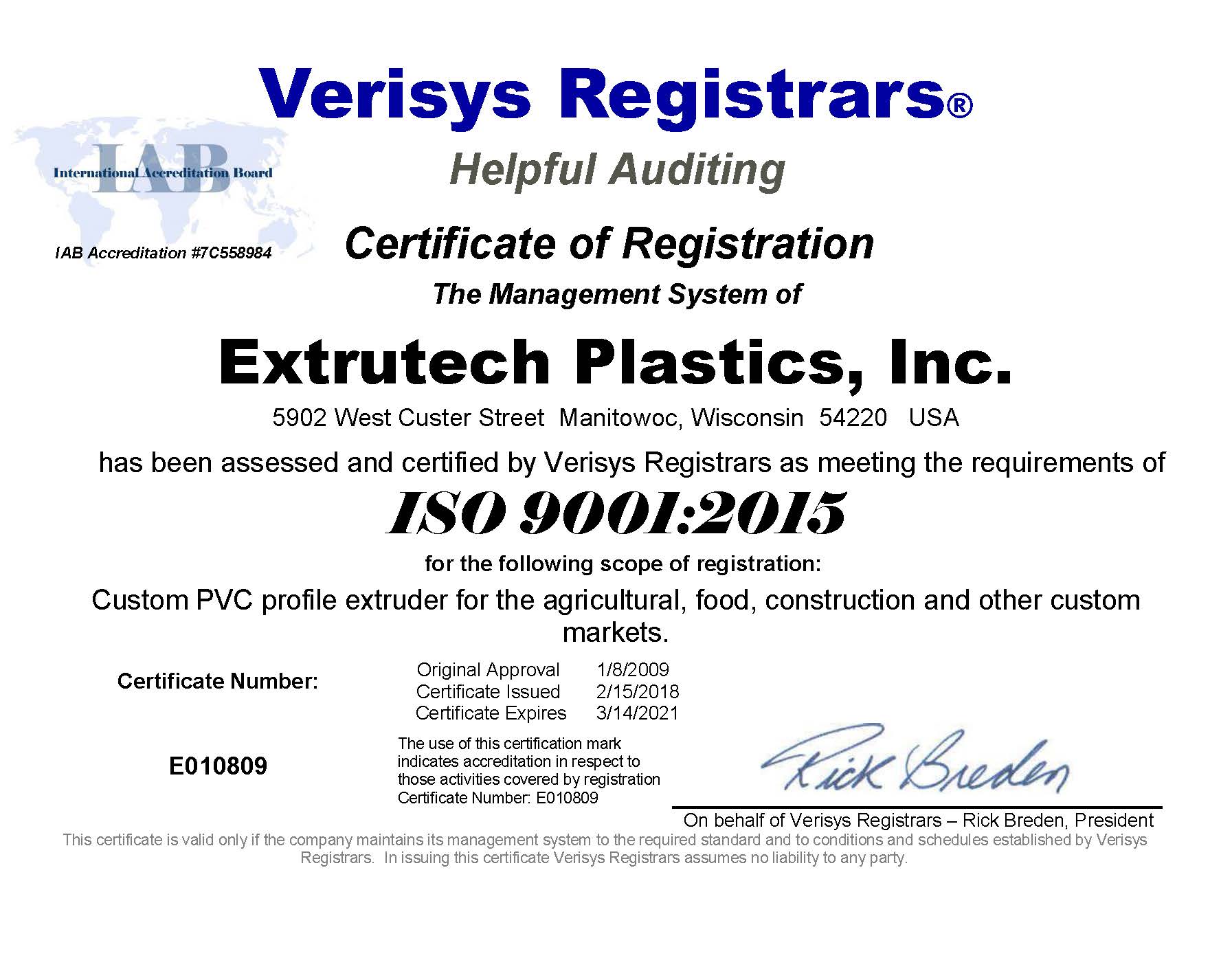 Extrutech Plastics, Inc. ISO 9001-2015 Certification